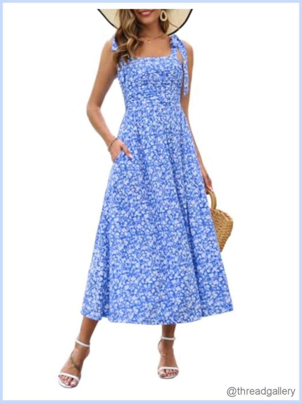 Womens Floral Maxi Dress Tie Shoulder with Pockets Casual Summer